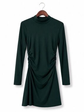 GAP Emerald Green Ruched Bodycon Mock Neck Mini Dress Long Sleeve Large